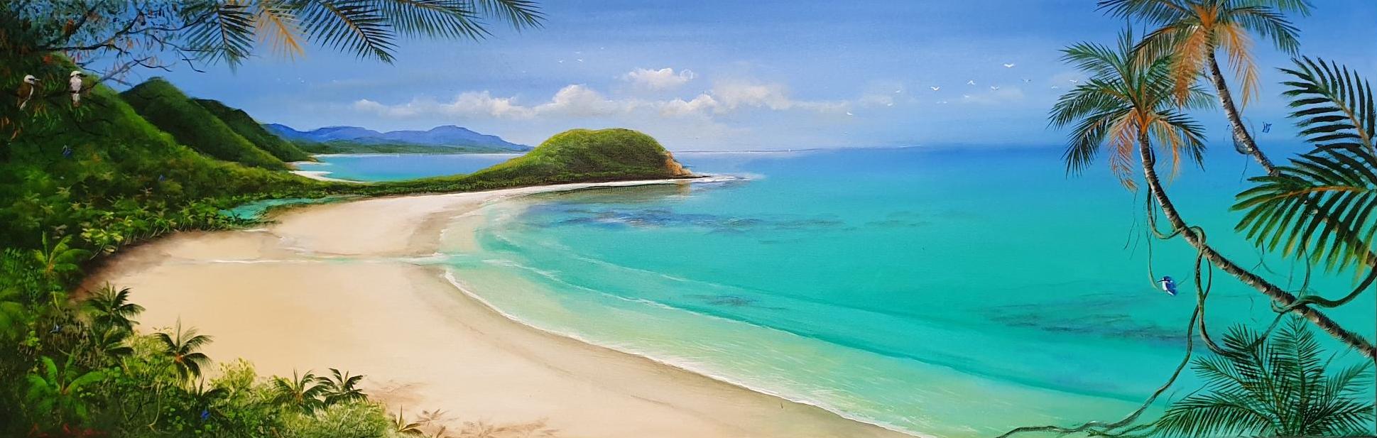 Ian Stephens - Coconut Beach in Cape Tribulation, part of the tropical Far North Queensland, Located in the World Heritage Listed Daintree Rainforest.  Kookaburras sitting in a palm tree overlooking the sparkling torquise Coral Sea 