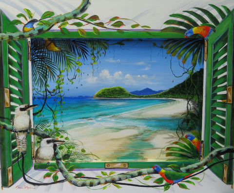 Ian Stephens Original Acrylic Painting 650 x 800mm - Open Window - Rainbow Lorikeets and Kookaburras at Cape Tribulation - Tropical Far North Queensland - Sold Out 