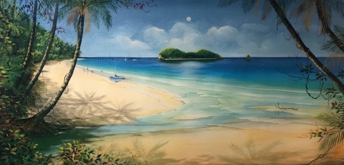 A Day at Palm Cove - Print on canvas, Size 340 x 410mm. Sweet Creek flowing out into the Coral Sea overlooking Double Island and Scouts Hat Island.  Palm trees along the sandy beach, people in the distance walking and swimming and a small sailing boat berth on the golden sands of tropical north Queensland.  Palm Cove jetty off into the distance facing north 