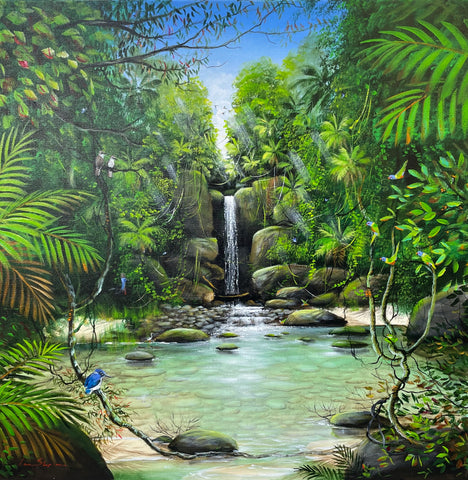 Original painting on canvas. Australian Artist Ian Stephens, Local Artist Palm Cove, Daintree Rainforest, Great Barrier Reef tours, Cassowary, Green Tree Frog, Australian Flora and Fauna, Tropical Far North Queensland, Tropical Queensland vacation, holidays, Palm trees, frogs, Mossman Gorge, Daintree River, Cairns