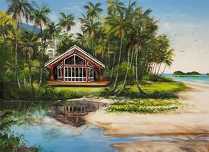 Ian Stephens - Chapel on Sweet Creek at Palm Cove - Print on Canvas Ian Stephens - Australian Artist. Print on Canvas. Momento for weddings in tropical Palm Cove. Double Island, Palm tree lined beach.  Bird life, Sweet Creek, Tropical Far North Queensland, Perfect wedding location, wedding ceremony chapel. Great Barrier Reef tours. Daintree Rainforest.