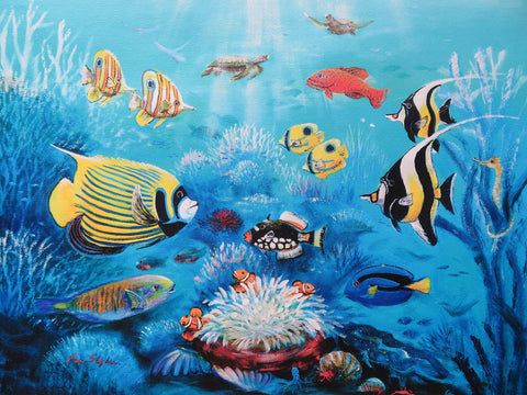 Ian Stephens - Coral Garden - Print on Canvas - 340 x 410mm, Great Barrier Reef, Tropical Far North Queensland Australia.  Bright colourful coral garden full of assorted reef fish, turtles, seahorse, Nemo.