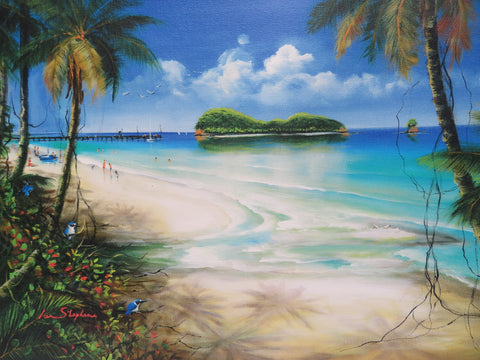 Ian Stephens - Double Island Palm Cove, Queensland, Australia - Print on Canvas - 340 x 410mm - Looking north from Sweet Creek towards Palm Cove Jetty, Double Island and Scouts Hat Island.  People in the distance enjoying a day on the beach walking, exploring, playing and sailing.  Ulysses butterflies, palm tress liningthe pristine white sandy beach and bright turquoise Coral Sea