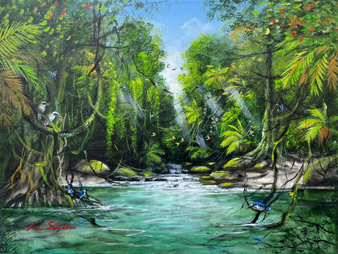Original painting on canvas. Sizes Available300 x 400mm - Small310 x 920mm - Medium. Australian Artist, Local Palm Cove Artist, Ian Stephens, Fig Parrots, Daintree Rainforest, Daintree River, Tropical Far North Queensland, Australian Flora and Fauna, Tropical Vacation, Holiday, Great Barrier Reef, Mossman Gorge, Cairns