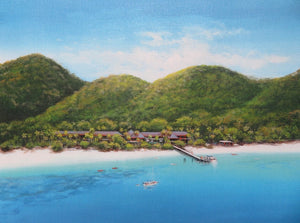 Ian Stephens - Fitzroy Island, Tropical North Queensland, Great Barrier Reef - 340 x 410mm.  high rolling green mountains covered in lush tropical bushland.  Fitzroy Island Resort in the foreground overlooking the jetty and over the coral reef in the Coral sea.  Sailing boats, kayaks and palm trees along the beach.