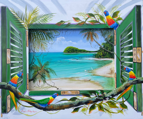 Original painting on borad with a wooden frame. 600 x 500m. Great Barrier Reef, Rainbow Lorikeets, Australian Artist, Ian Stephens, Queensland Holiday, vacation, snorkling or diving tours, Australian flora and fauna, Tropical Far North Queensland, Palm Cove, Cairns Tropical Daintree rainforest, Jabaru, Cape Tribulation