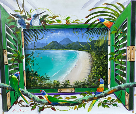 Original painting on board with wooden frame. 600 x 500mm.  Australian artist, Ian Stephens Fine Art, Port Douglas, Four Mile Beach, Rainbow Lorikeets, Australian Flora and Fauna, Palm Trees, Tropical Far North Queensland, Great Barrier Reef, Mossman Gorge, View over beach from holiday accommodation, Palm Cove, Cairns