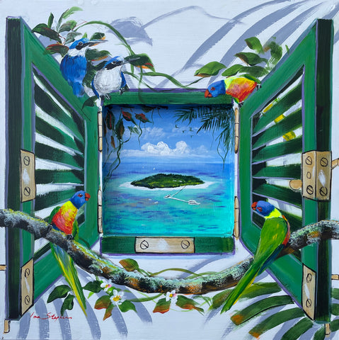 Original painting on board with a wooden frame. 400 x 400mm. Green Island, Great Barrier Reef, Rainbow Lorikeets, Australian Artist, Ian Stephens, Queensland Holiday or vacation, snorkling or diving tours, Australian flora and fauna, Tropical Far North Queensland, Palm Cove, Cairns, Tropical vegetation, palm trees.