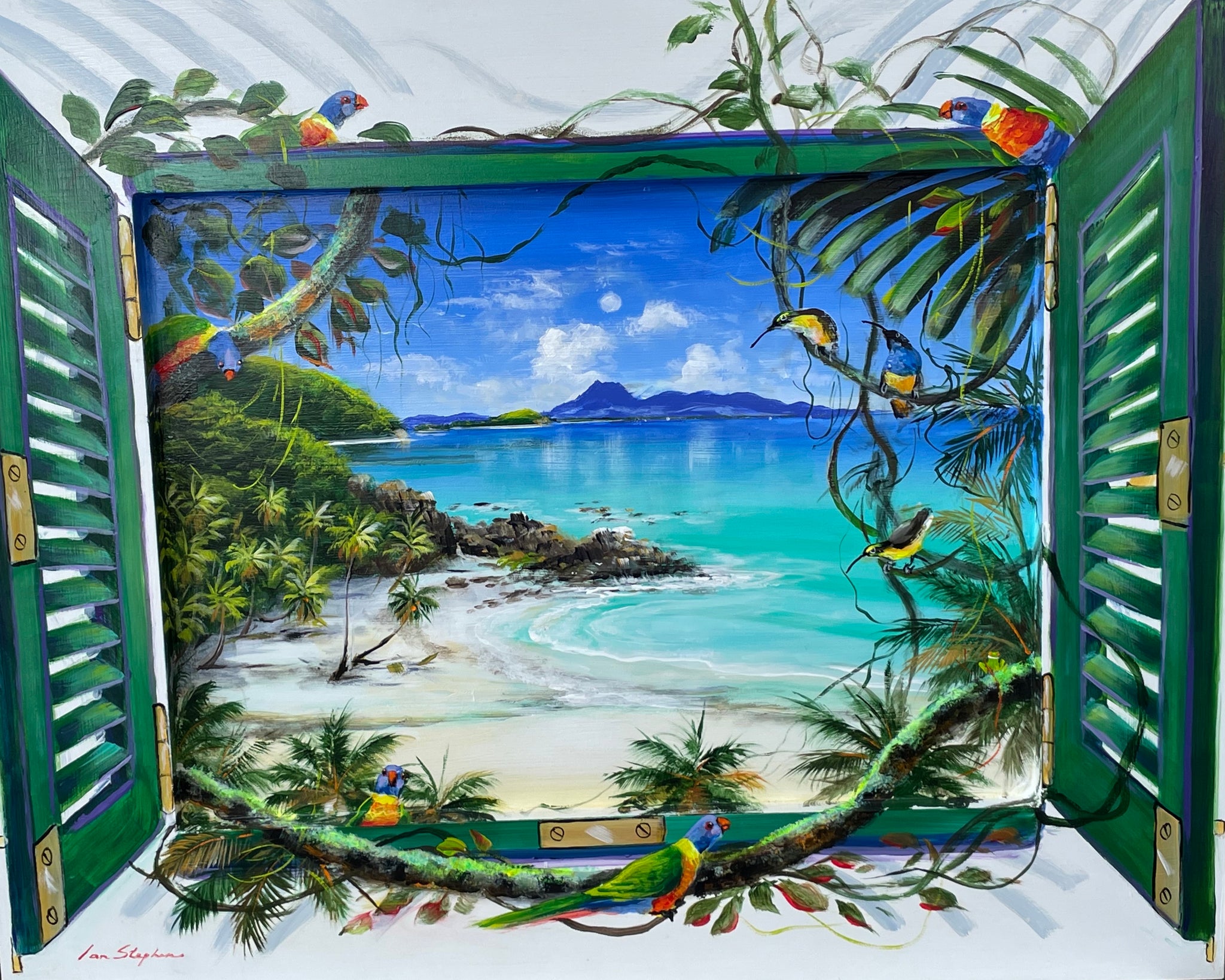 Original painting on board with wooden frame. 800 x 650mm.  Australian Artist, Local Palm Cove artist Ian Stephens, Australian fauna and flora, Sunbirds, palm trees, Oak Beach, Cape Tribulation, Daintree Rainforest, Coral Sea, Tropical Far North Queensland holiday vacation, Great Barrier Reef, view over ocean and beach