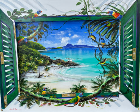 Original painting on board with wooden frame. 800 x 650mm.  Australian Artist, Local Palm Cove artist Ian Stephens, Australian fauna and flora, Sunbirds, palm trees, Oak Beach, Cape Tribulation, Daintree Rainforest, Coral Sea, Tropical Far North Queensland holiday vacation, Great Barrier Reef, view over ocean and beach