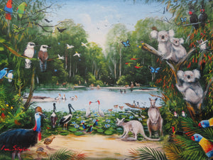 Australian Collection by Ian Stephens.  This print on canvas includes Ulysses butterfly, Eclectus Parrot, Fruit Bats, m. Birdwing Butterfly, Kookaburra, sulphur Crest Cockatoo, Little Kingfisher, kingfisher, Emu, Kangaroo, Kangaroo with joey, Pelican, Black Swan, Crocodile, Magpie Geese, Whistling Tree Duck, Water Hen, Green Tree Frog, Tree Frog, Sunbirds, Jabaru, Brolga, Coot, Cassawary, Palm Cockatoo, Koala, Sugar Glider, King Parrot, Rose Crown Fruit Dove, Egret, Rainbow Lorikeet, Scrub Turkey