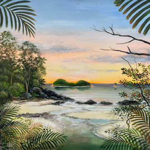 Original painting on canvas 910 x 910mm. Ian Stephens, Australian Artist, Palm Cove Local Artist, Ian Stephens Fine Art, Australian Seagulls, Australian Flora and Fauna, Double Island, Cape Tribulation, Tropical Far North Queensland, Great Barrier Reef, Daintree Rainforest, Palm Trees Coral, Palm Cove Beach, Coral Sea