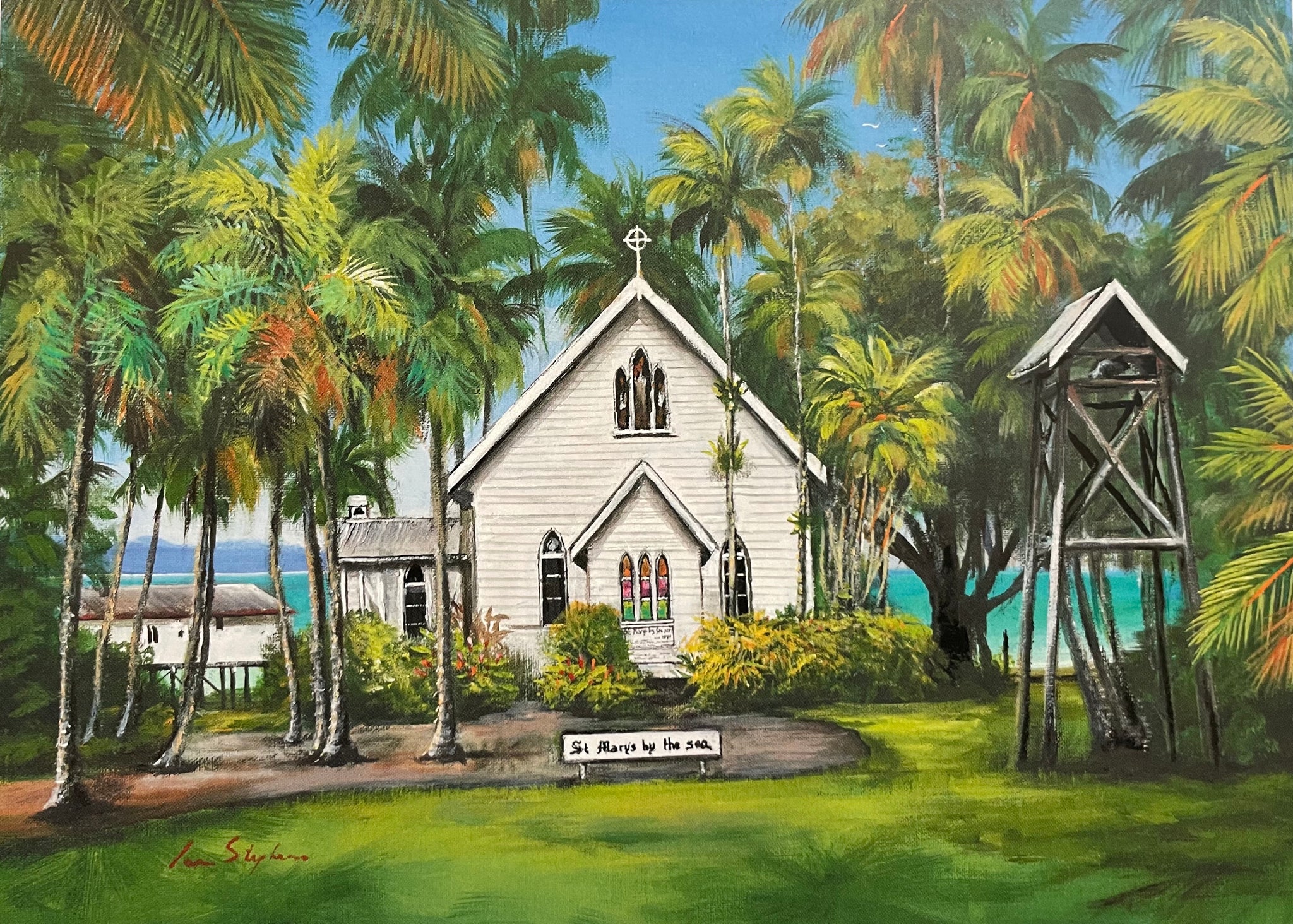 Ian Stephens - Local Australian Artist. Print on Card. Wedding favours and bombonieres for tropical Port Douglas weddings. Historical jetty overlooking the mouth of the Daintree River and towards the Heritage listed Daintree Rainforest. Tropical Far North Queensland, Perfect wedding ceremony chapel. Great Barrier Reef.