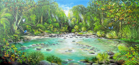 Original painting on canvas 220 x 610mm Ian Stephens, Famous Australian Artist, Palm Cove Local Artist, Village Gallery, Ian Stephens Fine Art, Australian Sunbirds, Australian Flora and Fauna, Mossman River, Mossman Gorge, Tropical Far North Queensland, Great Barrier Reef, Daintree River, Daintree Rainforest, 