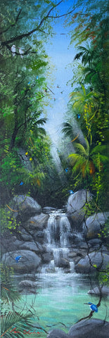 Original painting on canvas. 200 x 600mm.Australian Artist, Ian Stephens Local Artist Palm Cove, Daintree Rainforest, Daintree River, Tropical Waterfalls, Australian Flora and Fauna, Sunbirds, Great Barrier Reef, Coral Sea, Cairns, Port Douglas, Mossman Gorge, Tropical Far North Queensland holiday, vacation.