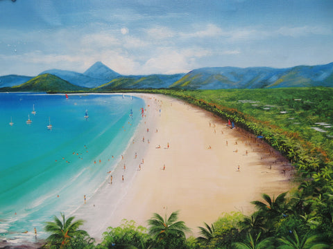 Ian Stephens - Print on canvas - 340 x 410mm - Four Mile Beach - Port Douglas, Tropical Far North Queensland, Australia.  From the mountain overlooking Four Mile Beach looking south.  Overlooking the tops of Port Douglas, Palm Tree Lined Beach, people frolicking on the beach and in ocean, swimming, sailing, yachts. World Heritage Daintree Rainforest in the distance