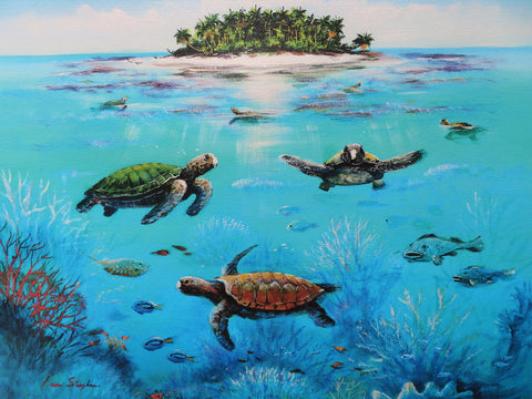 Ian Stephens - Turtles on the Great Barrier Reef - Print on Canvas